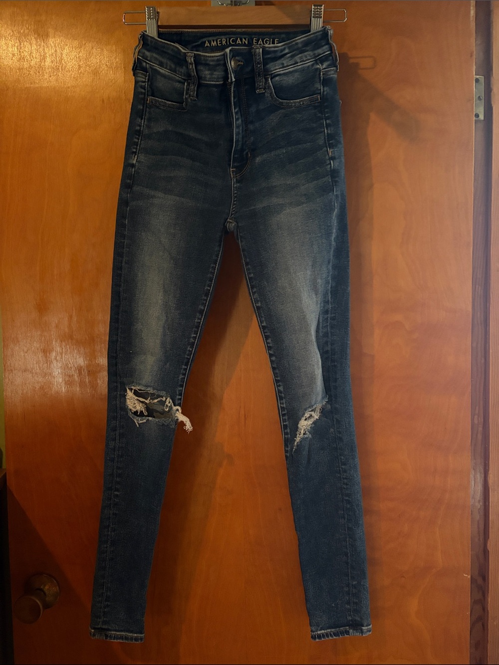 American Eagle Outfitters Dark Blue Distressed High-Rise Skinny Jeggings
